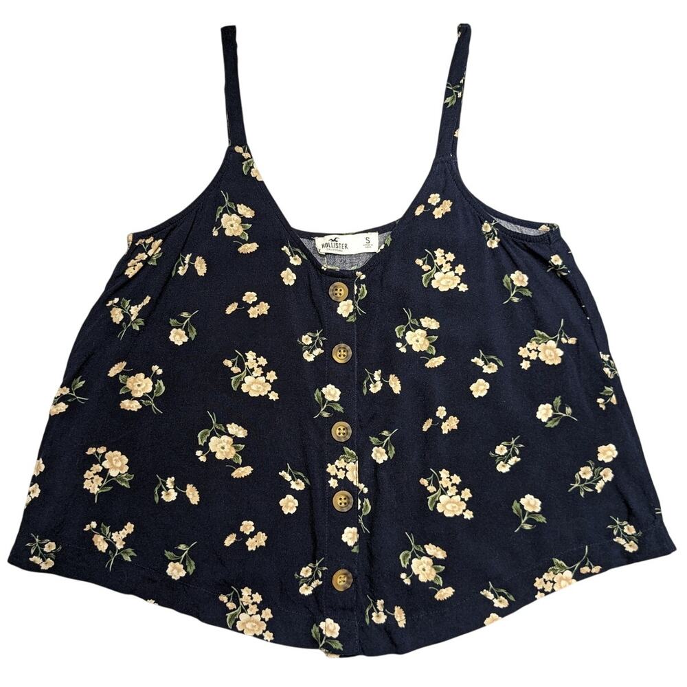 Hollister Tank Women's Small Navy Floral Button‎ Crop Flowy Boho EUC